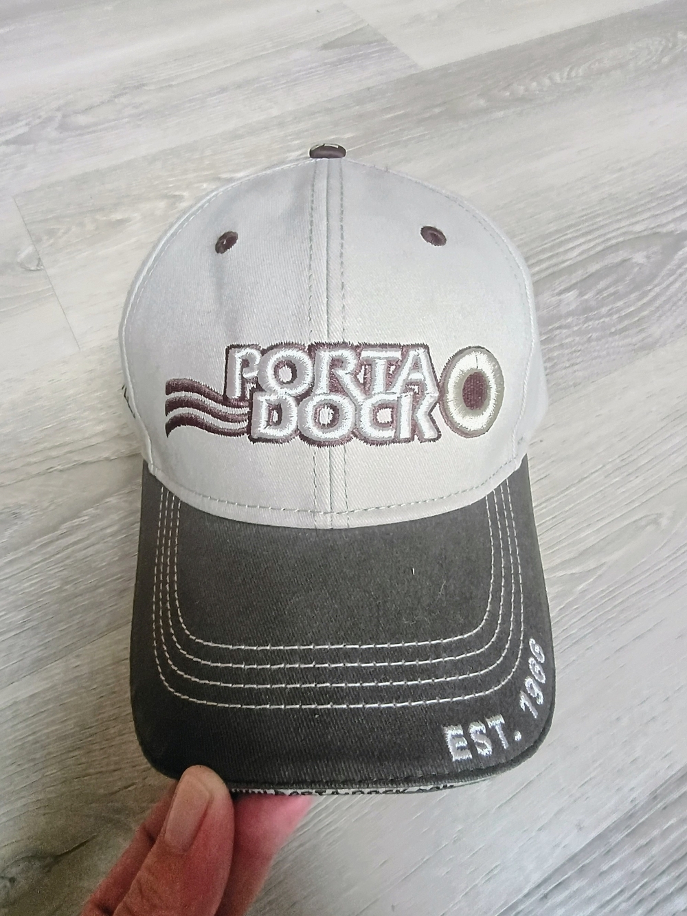 Porta Dock Est 1988 Adjustable Strapback Hat Gray Brown Coastal Marina Cap